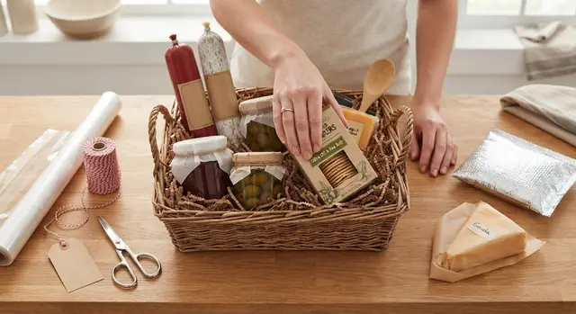 Hands packing a charcuterie gift basket, with jars at the back, salamis standing upright and crackers going in on top