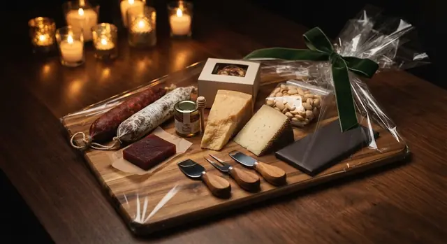 A luxury charcuterie gift on an acacia board with chorizo, salami, Parmigiano-Reggiano, manchego, truffle honey, membrillo and cheese knives, wrapped in cellophane and ribbon