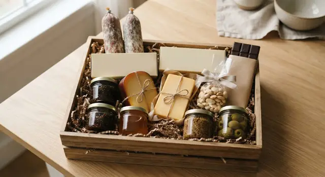 A wooden crate charcuterie gift basket with two salamis, cheddar, gouda, crackers, jams, mustard, olives, almonds and chocolate