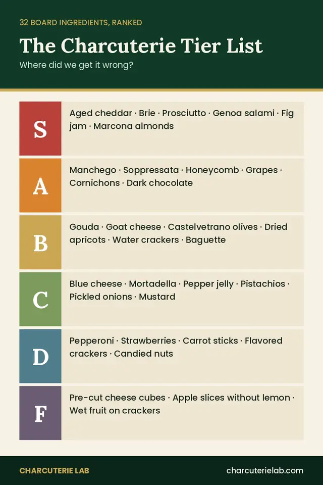 Charcuterie tier list chart ranking 32 board ingredients from S to F