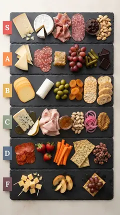 Charcuterie ingredients arranged in six rows on slate, ranked from S tier to F tier