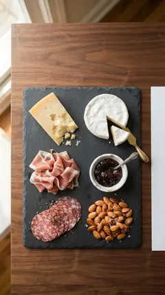 S tier charcuterie board with aged cheddar, brie, prosciutto, Genoa salami, fig jam and Marcona almonds