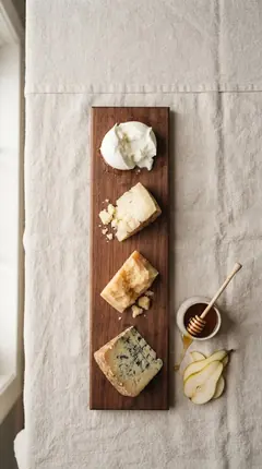Four cheeses from mild to strong on a narrow board with honey and pear next to the Stilton