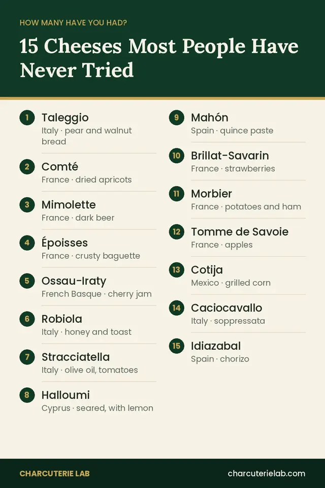 Checklist of 15 cheeses most people have never tried, with a pairing for each