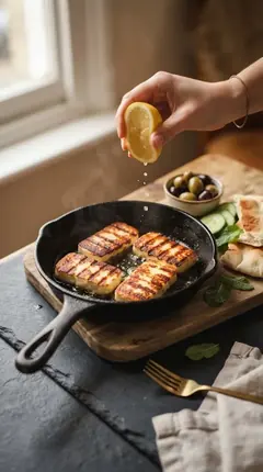 Seared halloumi slices in a cast-iron pan with lemon being squeezed over them