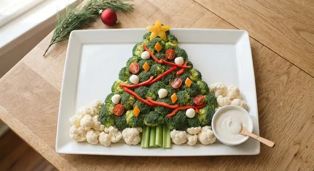 A Christmas tree veggie tray with broccoli florets, cherry tomato ornaments, a yellow pepper star, a celery trunk and cauliflower snow on a long white platter