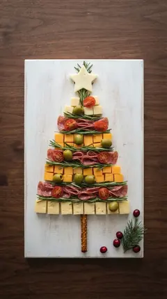 Christmas tree charcuterie board made of cheddar and Havarti cubes with salami, rosemary and a cheese star