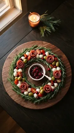 Wreath charcuterie board with rosemary, salami roses, mozzarella pearls and cranberry sauce in the center