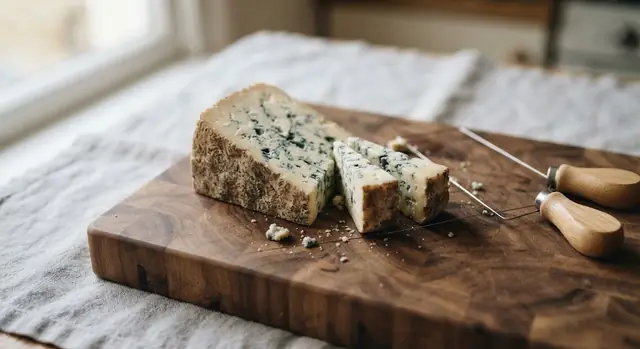 A wedge of Stilton cut into smaller wedges with a cheese wire, with a few natural crumbles on the board