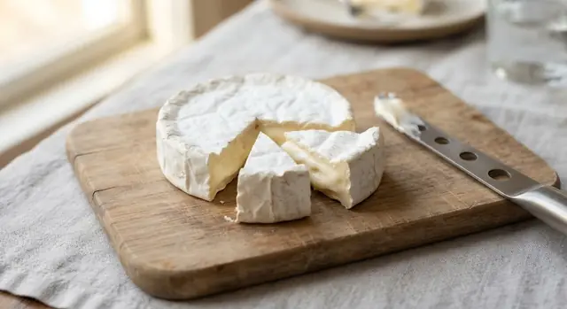 A small brie wheel on a board with three pie-shaped wedges cut from the center and pulled slightly apart