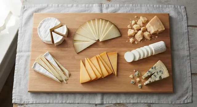 Seven cheeses cut seven different ways on a wooden charcuterie board: brie wedges, manchego triangles, cheddar triangles, parmesan chunks, goat cheese coins, blue cheese wedges and a whole small wheel