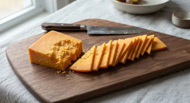 A block of aged cheddar cut into quarter-inch planks, then each plank cut diagonally into two triangles and stacked in a staggered row