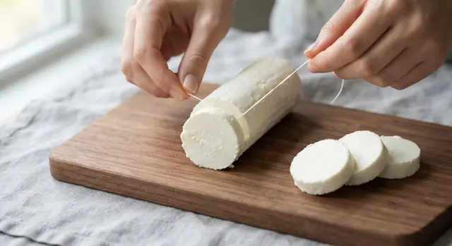 A log of fresh goat cheese being cut into clean, round coins with a piece of dental floss pulled tight between two hands