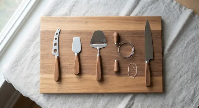 Five cheese knives laid out in a row on a wooden board: a soft cheese knife with holes, a spade knife, a cheese plane, a cheese wire and a chef's knife