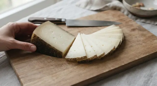 A Manchego wedge laid on its side, sliced into thin triangles and fanned out in an arc next to the remaining block