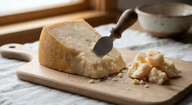 A wedge of Parmigiano-Reggiano with a short spade knife pushed into it, and rough, craggy chunks broken off beside it