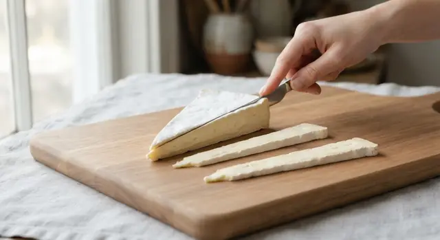 A wedge of triple-crème cheese being cut into long thin slivers running from the point of the wedge to the rind