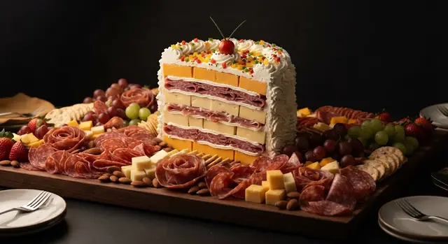 The Cake That Isn't, a towering cheese and salami slice of birthday cake with whipped feta frosting