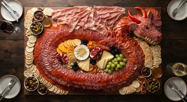 The Dragon's Hoard charcuterie board, a salami dragon coiled around cheese coins and pomegranates