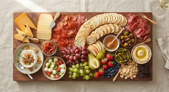 A pregnancy-safe charcuterie board for 8 with pasteurized cheddar and gouda, baked brie, prosciutto crisps, pepperoni chips, fruit and crackers