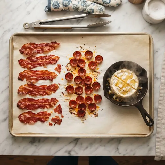 Prosciutto crisps, crisp pepperoni chips and a small baked brie with honey on a parchment-lined baking sheet