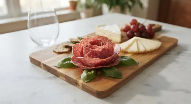 A finished salami rose made from thin Genoa salami, sitting on a wooden charcuterie board beside cheese and basil leaves