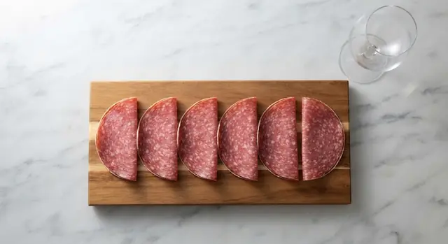 Six salami slices folded into half-moons and laid in an overlapping row on a cutting board