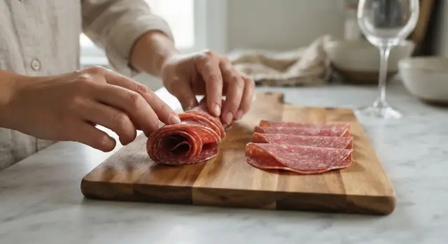 Hands rolling the overlapping row of salami half-moons from one end into a tight coil