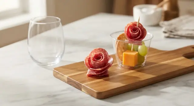 A small salami rosebud standing on its base, its petals opened slightly