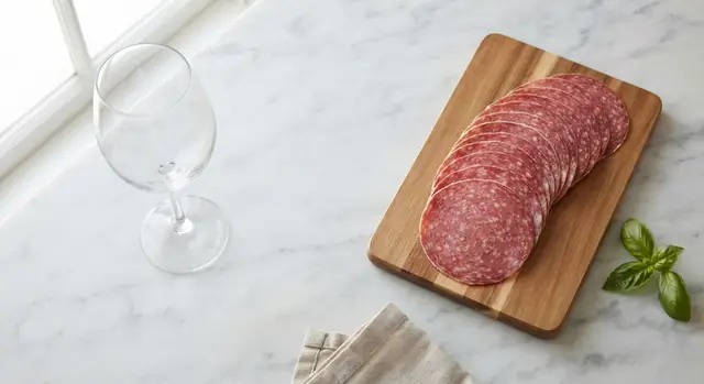 A wine glass, a fanned stack of thinly sliced Genoa salami and a small wooden board laid out on a marble counter