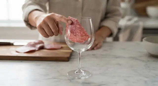 One slice of salami folded over the rim of a wine glass, half hanging inside the glass and half outside