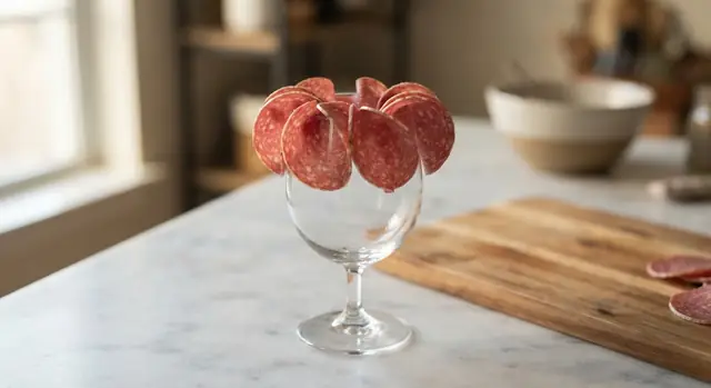 Five salami slices folded around the full rim of a wine glass, each overlapping the one before by about half