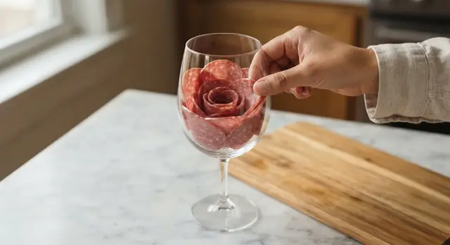 A second layer of salami slices added to the wine glass, sitting slightly lower than the first and turned so the slices cover the gaps
