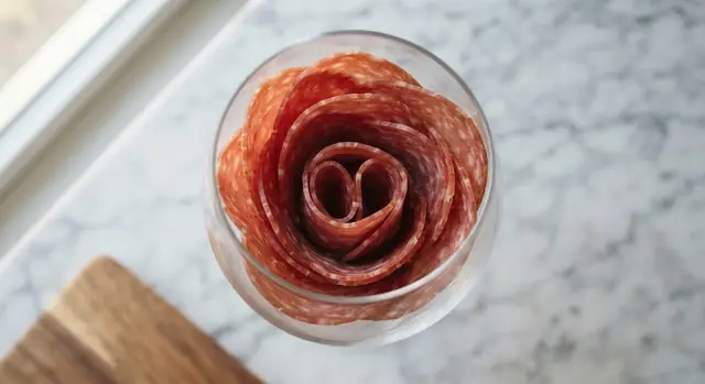 Looking down into the wine glass: three layers of salami folded around the rim, spiraling tightly into the center