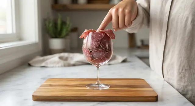 Fingers pressing the folded salami slices firmly down into the wine glass