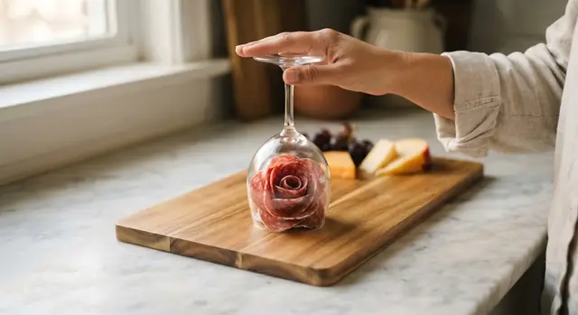 The wine glass turned upside down on a wooden board, with salami petals visible through the glass