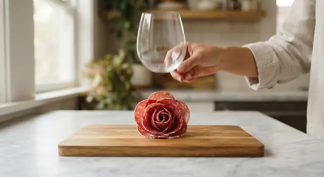 The wine glass being lifted away to reveal the salami rose standing on the board