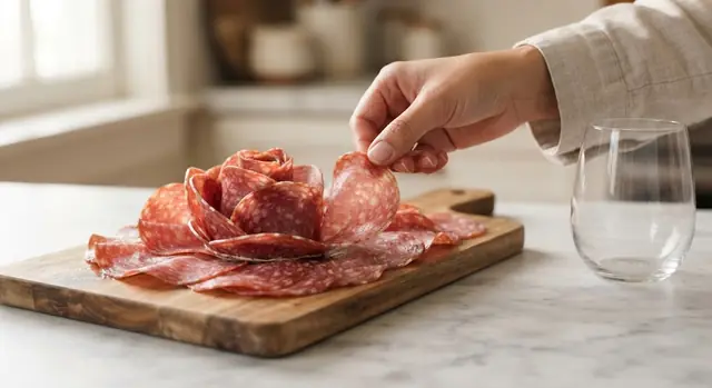 Fingertips gently pulling the outer salami petals open so the rose looks fuller