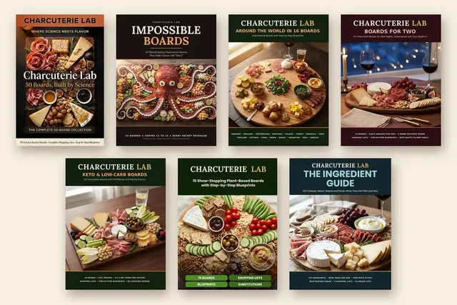 The seven Charcuterie Lab book covers: 50 Boards Built by Science, Impossible Boards, Around the World in 16 Boards, Boards for Two, Keto and Low-Carb Boards, 15 Plant-Based Boards and The Ingredient Guide